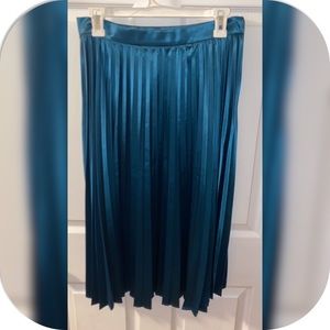 Turquoise pleated silk midi skirt